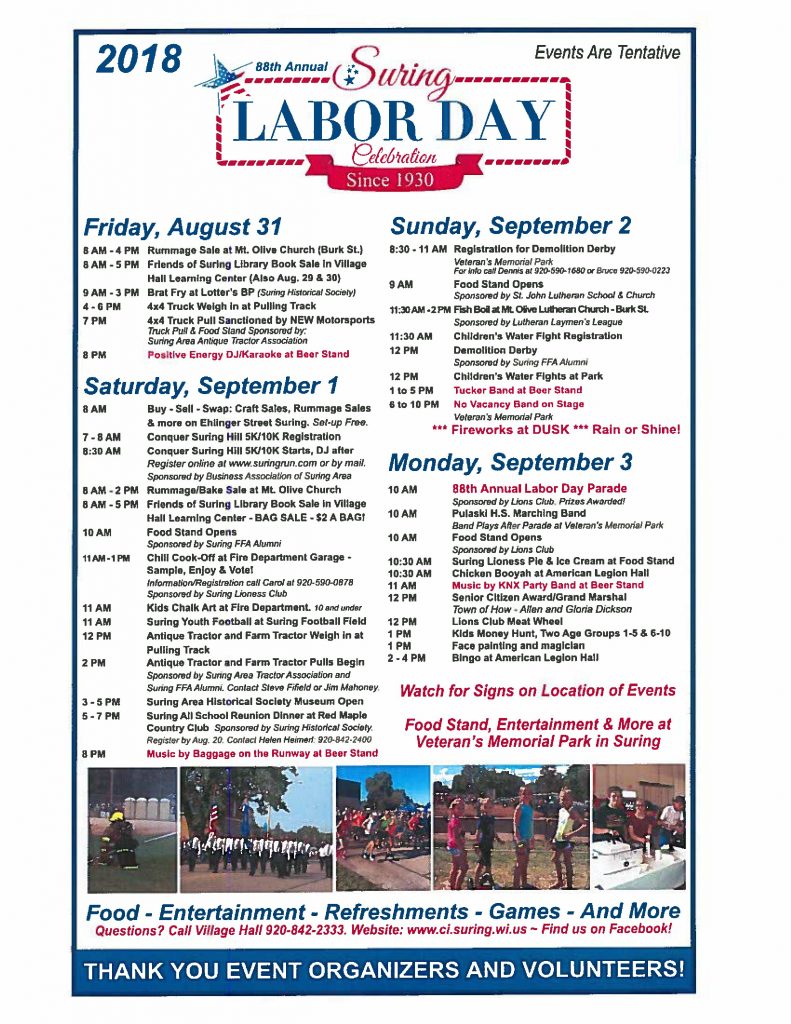 Suring Labor Day Celebration Village of Suring, Oconto County, Wisconsin