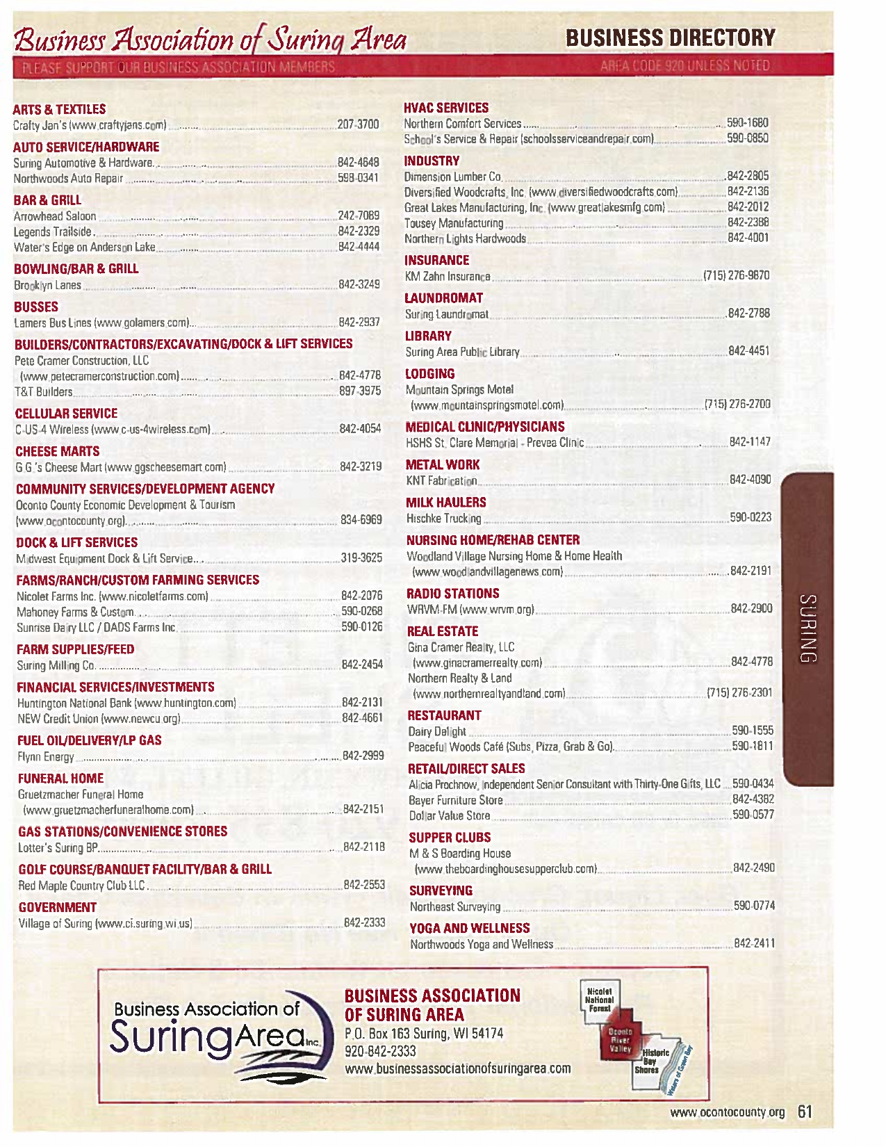 Business Directory Village of Suring, Oconto County, Wisconsin