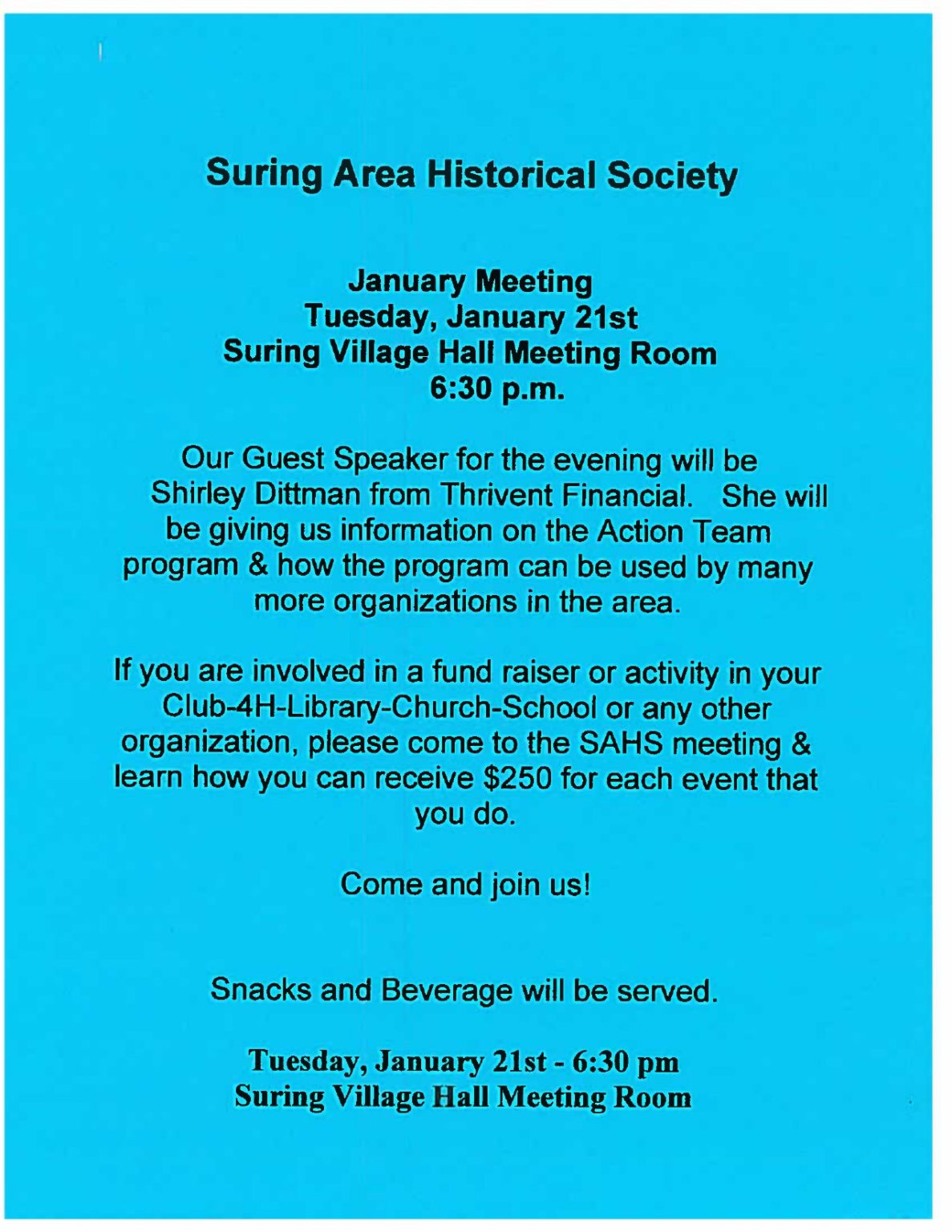 Suring Area Historical Society January Meeting Village of Suring